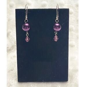 Deep Purple Faux Pearl & Pink Crystal Accent, Silver Lever Back Dangle Earrings